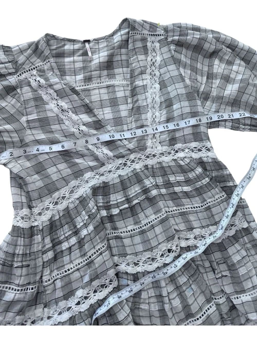 Free People Gray Plaid Lace-Trim V-Neck Tunic